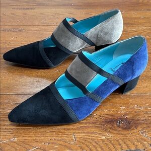 Thierry Rabotin Black, Blue, and Gray Suede Heels